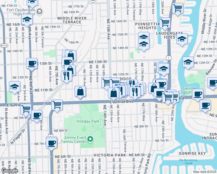 map of restaurants, bars, coffee shops, grocery stores, and more near 1111 Northeast 16th Avenue in Fort Lauderdale