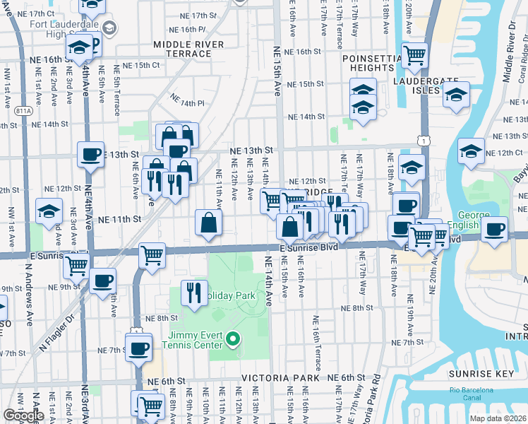 map of restaurants, bars, coffee shops, grocery stores, and more near 1314 Northeast 11th Street in Fort Lauderdale