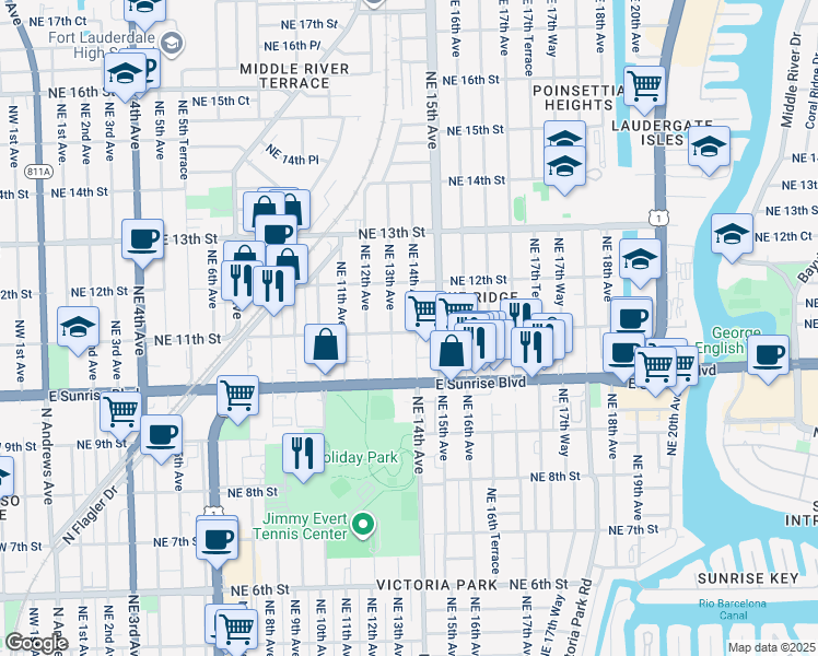 map of restaurants, bars, coffee shops, grocery stores, and more near 1314 Northeast 11th Street in Fort Lauderdale