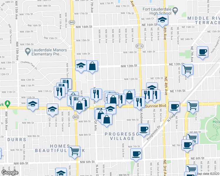 map of restaurants, bars, coffee shops, grocery stores, and more near 1115 Northwest 5th Avenue in Fort Lauderdale