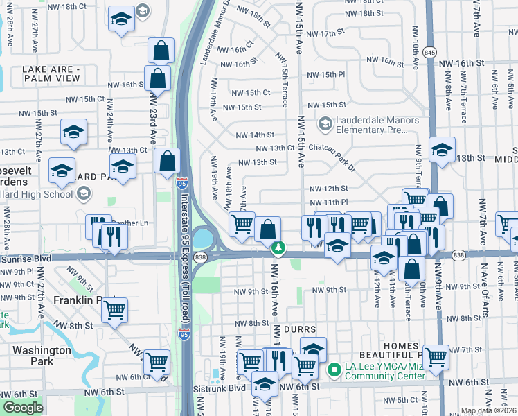 map of restaurants, bars, coffee shops, grocery stores, and more near 1613 Northwest 11th Court in Fort Lauderdale