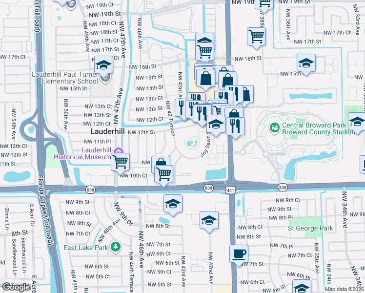 map of restaurants, bars, coffee shops, grocery stores, and more near 1118 Northwest 42nd Way in Lauderhill