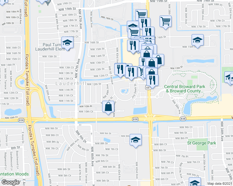 map of restaurants, bars, coffee shops, grocery stores, and more near 1118 Northwest 42nd Way in Lauderhill