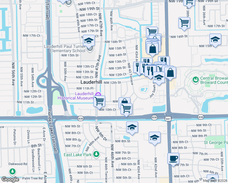 map of restaurants, bars, coffee shops, grocery stores, and more near 1141 Northwest 44th Terrace in Lauderhill