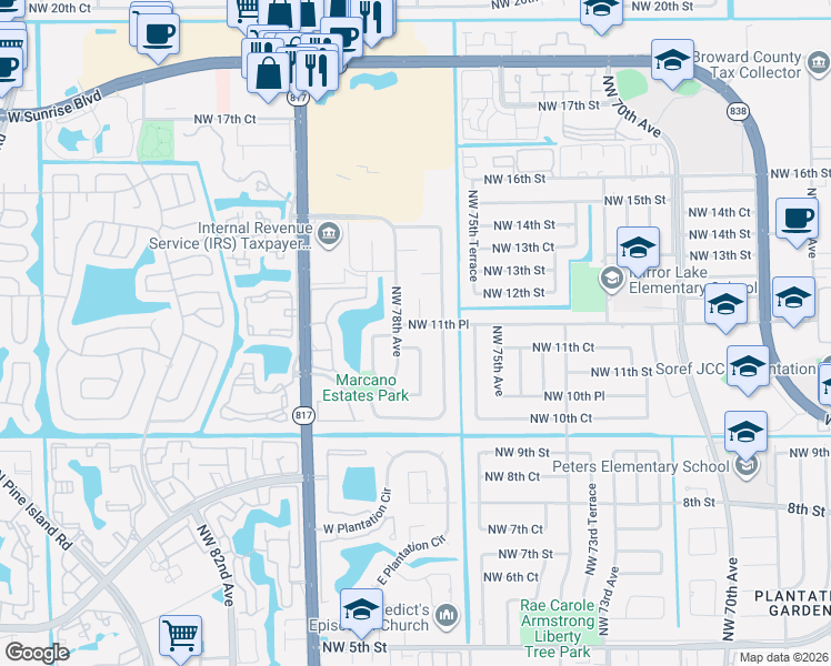 map of restaurants, bars, coffee shops, grocery stores, and more near 7761 Northwest 11th Court in Plantation