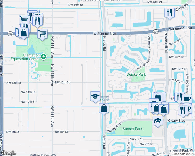 map of restaurants, bars, coffee shops, grocery stores, and more near 1201 Old Hiatus Road in Plantation