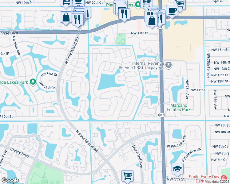 map of restaurants, bars, coffee shops, grocery stores, and more near 8542 Northwest 12th Street in Plantation