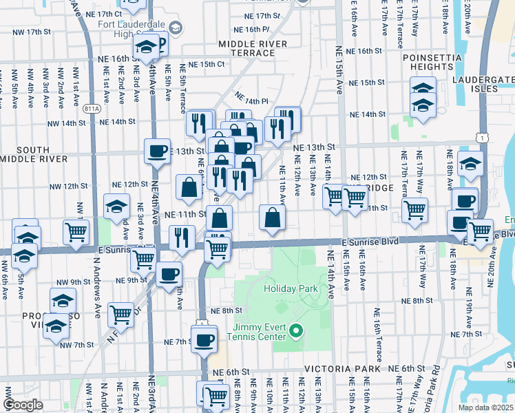 map of restaurants, bars, coffee shops, grocery stores, and more near 1100 Northeast 9th Avenue in Fort Lauderdale