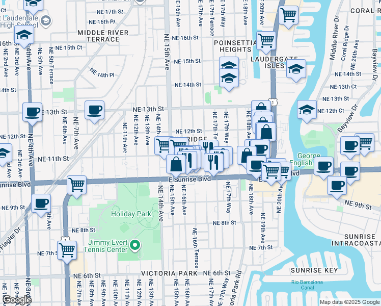 map of restaurants, bars, coffee shops, grocery stores, and more near 1616 Northeast 11th Street in Fort Lauderdale