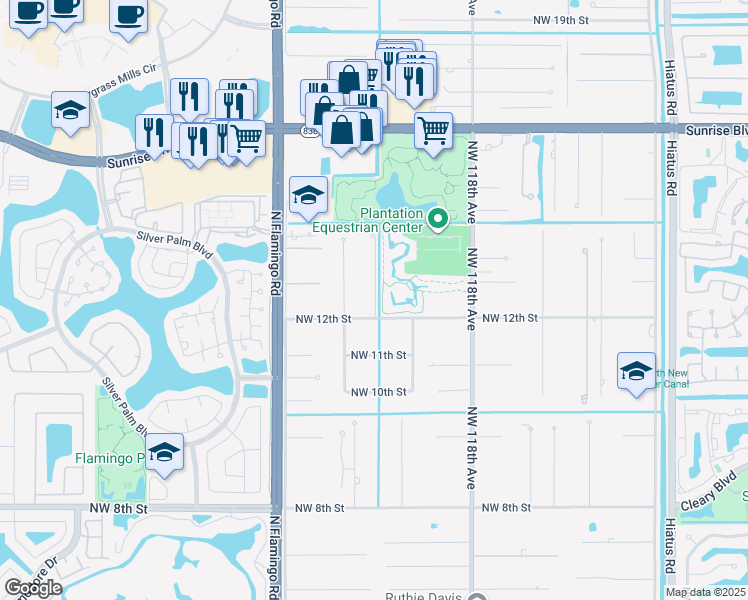 map of restaurants, bars, coffee shops, grocery stores, and more near 1223 Northwest 121st Avenue in Plantation