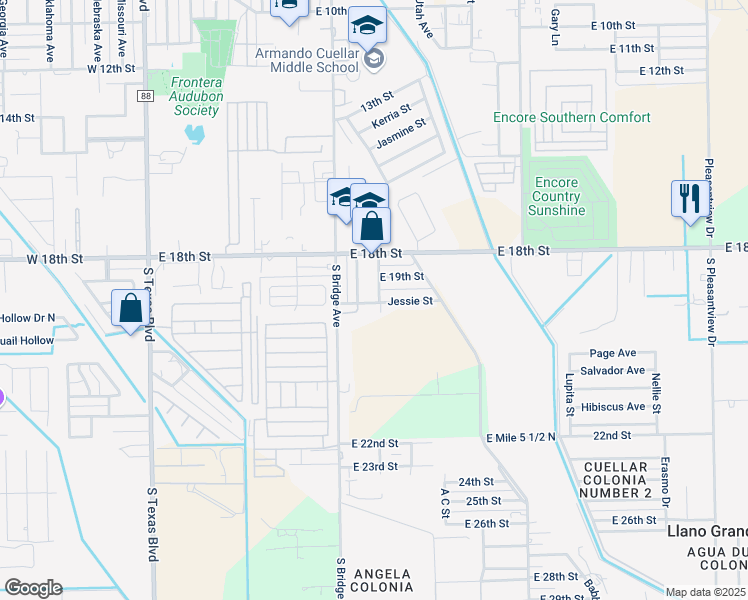 map of restaurants, bars, coffee shops, grocery stores, and more near 1104 Jessie Street in Weslaco