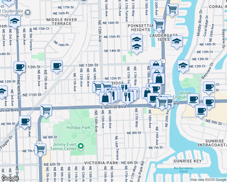 map of restaurants, bars, coffee shops, grocery stores, and more near 1616 Northeast 11th Street in Fort Lauderdale