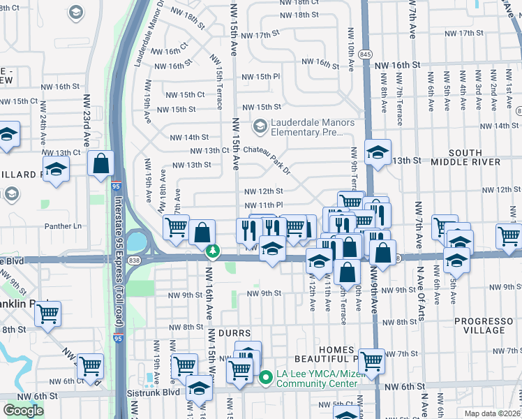 map of restaurants, bars, coffee shops, grocery stores, and more near 1430 Northwest 11th Court in Fort Lauderdale