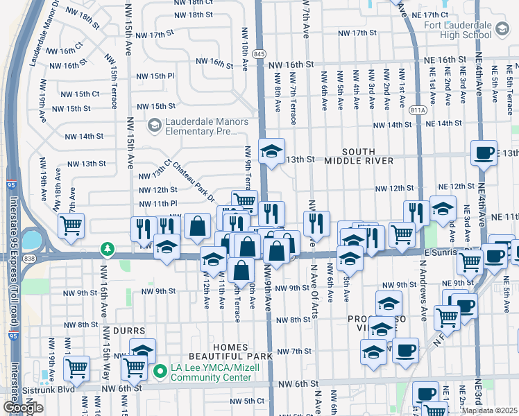 map of restaurants, bars, coffee shops, grocery stores, and more near 1125 Northwest 9th Avenue in Fort Lauderdale