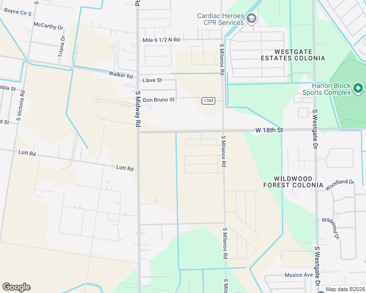 map of restaurants, bars, coffee shops, grocery stores, and more near 18th Street in Weslaco