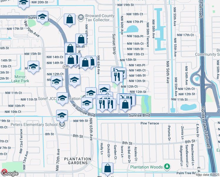 map of restaurants, bars, coffee shops, grocery stores, and more near 6251 Northwest 12th Street in Sunrise