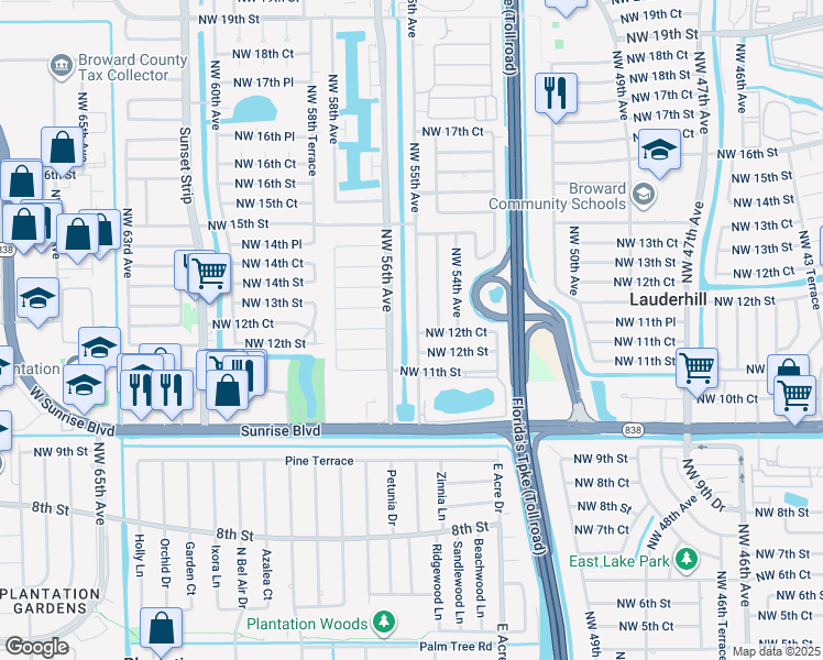 map of restaurants, bars, coffee shops, grocery stores, and more near 5490 Northwest 12th Court in Lauderhill
