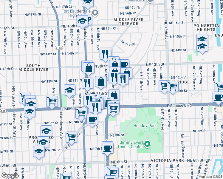 map of restaurants, bars, coffee shops, grocery stores, and more near 601 Northeast 11th Street in Fort Lauderdale