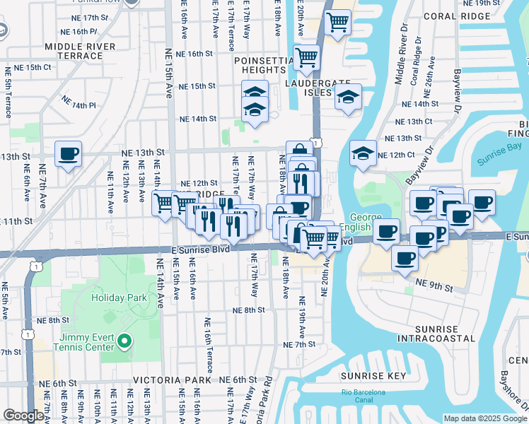 map of restaurants, bars, coffee shops, grocery stores, and more near 406 Northeast 11th Street in Fort Lauderdale