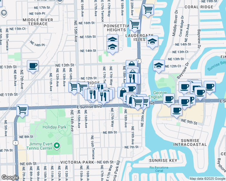 map of restaurants, bars, coffee shops, grocery stores, and more near 406 Northeast 11th Street in Fort Lauderdale