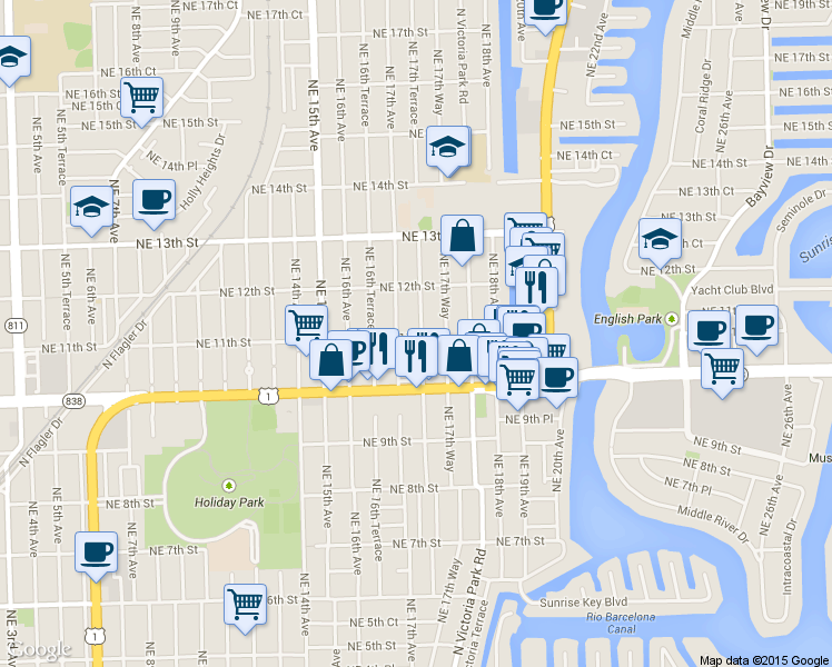map of restaurants, bars, coffee shops, grocery stores, and more near 2101 Northeast 11th Street in Fort Lauderdale