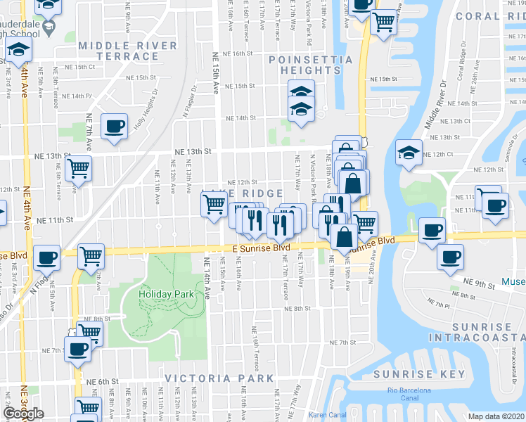 map of restaurants, bars, coffee shops, grocery stores, and more near 2101 Northeast 11th Street in Fort Lauderdale