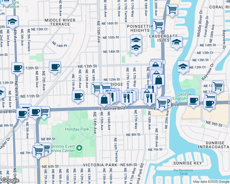 map of restaurants, bars, coffee shops, grocery stores, and more near 1616 Northeast 11th Street in Fort Lauderdale