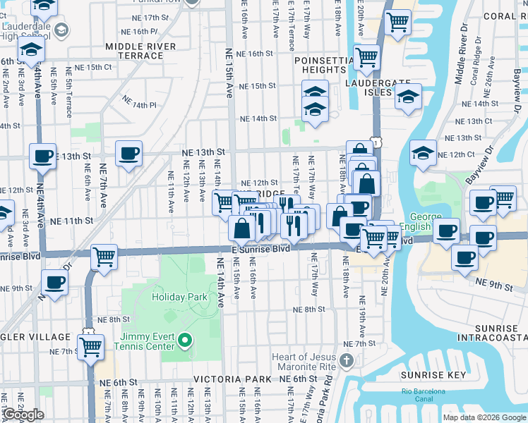 map of restaurants, bars, coffee shops, grocery stores, and more near 1616 Northeast 11th Street in Fort Lauderdale