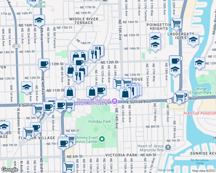 map of restaurants, bars, coffee shops, grocery stores, and more near 1044 Northeast 12th Avenue in Fort Lauderdale