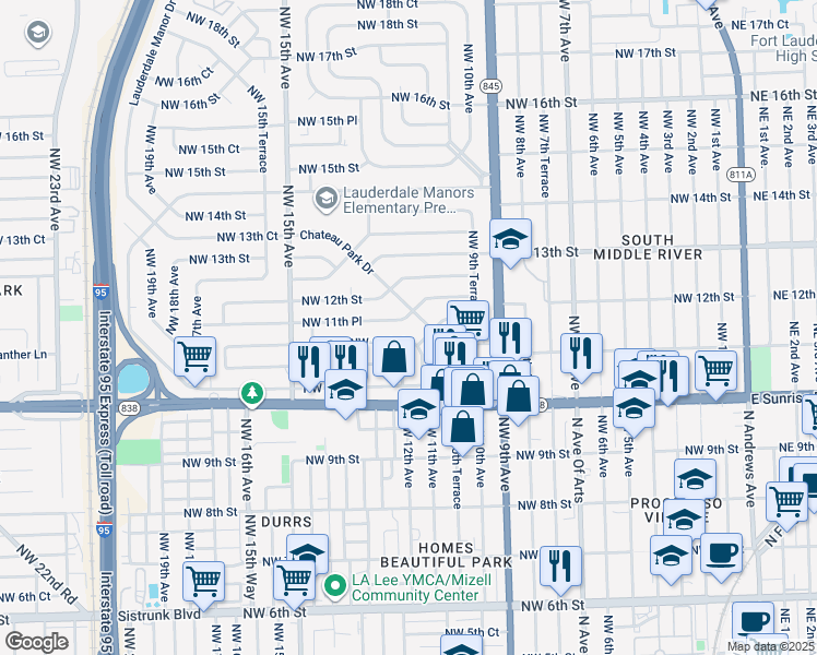 map of restaurants, bars, coffee shops, grocery stores, and more near 1017 Northwest 11th Court in Fort Lauderdale