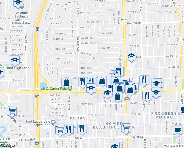 map of restaurants, bars, coffee shops, grocery stores, and more near 1307 Northwest 11th Court in Fort Lauderdale