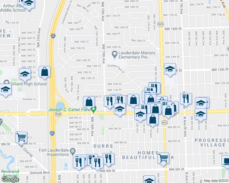 map of restaurants, bars, coffee shops, grocery stores, and more near 1430 Northwest 11th Court in Fort Lauderdale