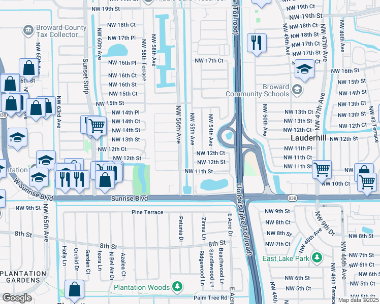 map of restaurants, bars, coffee shops, grocery stores, and more near 5490 Northwest 12th Court in Lauderhill