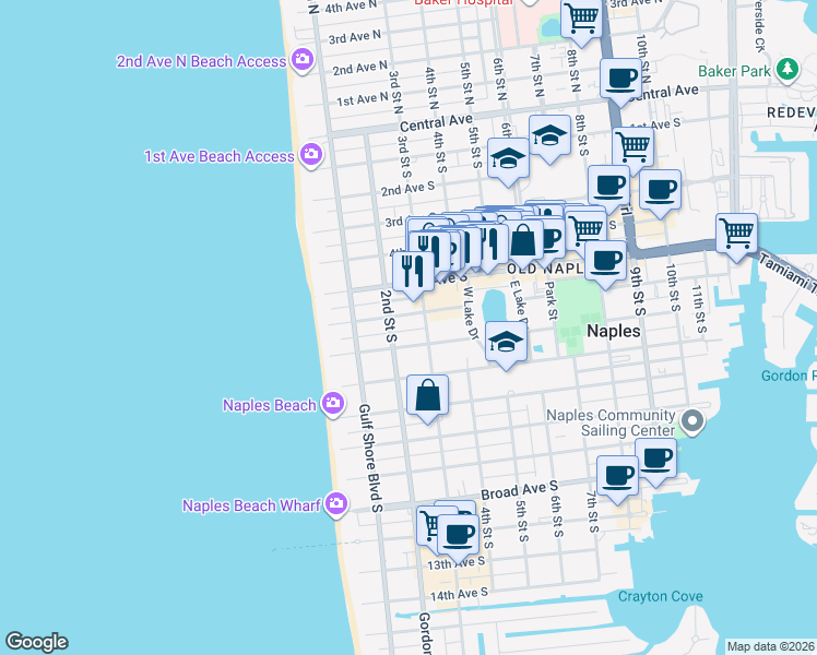map of restaurants, bars, coffee shops, grocery stores, and more near 675 2nd Street South in Naples