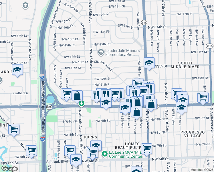 map of restaurants, bars, coffee shops, grocery stores, and more near 1307 Northwest 11th Court in Fort Lauderdale