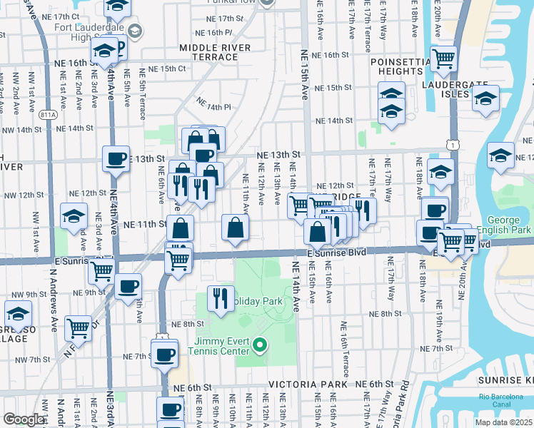 map of restaurants, bars, coffee shops, grocery stores, and more near 1100 Northeast 12th Avenue in Fort Lauderdale