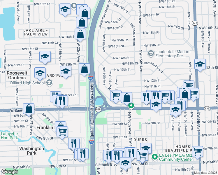 map of restaurants, bars, coffee shops, grocery stores, and more near 1125 Northwest 19th Avenue in Fort Lauderdale