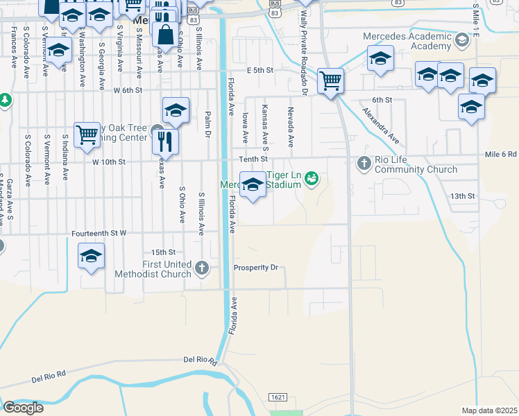 map of restaurants, bars, coffee shops, grocery stores, and more near 1200 Florida Avenue in Mercedes