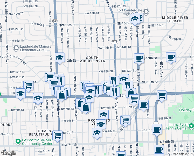 map of restaurants, bars, coffee shops, grocery stores, and more near 1114 Northwest 4th Avenue in Fort Lauderdale