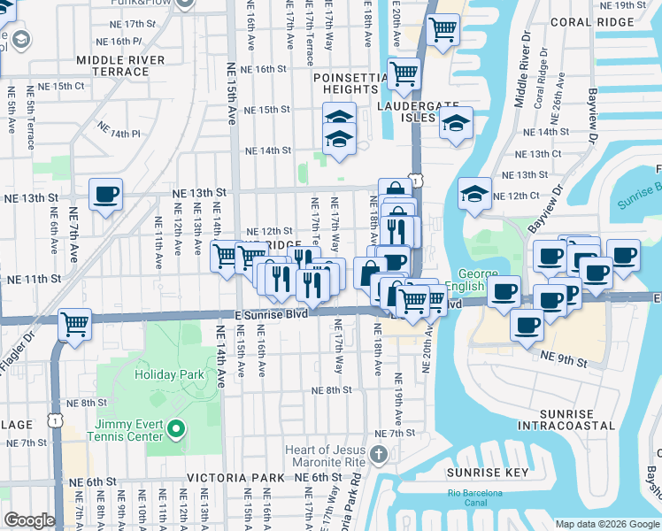 map of restaurants, bars, coffee shops, grocery stores, and more near 406 Northeast 11th Street in Fort Lauderdale