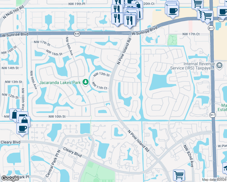 map of restaurants, bars, coffee shops, grocery stores, and more near 1141 Northwest 90th Way in Plantation