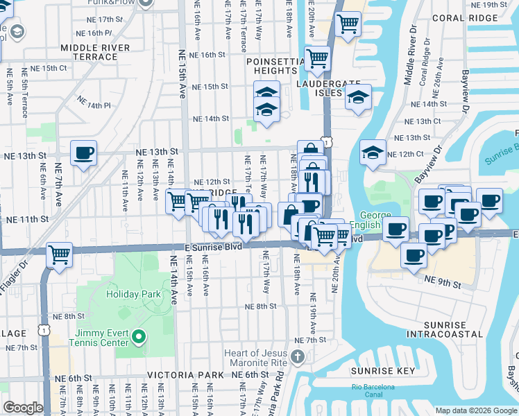 map of restaurants, bars, coffee shops, grocery stores, and more near 406 Northeast 11th Street in Fort Lauderdale