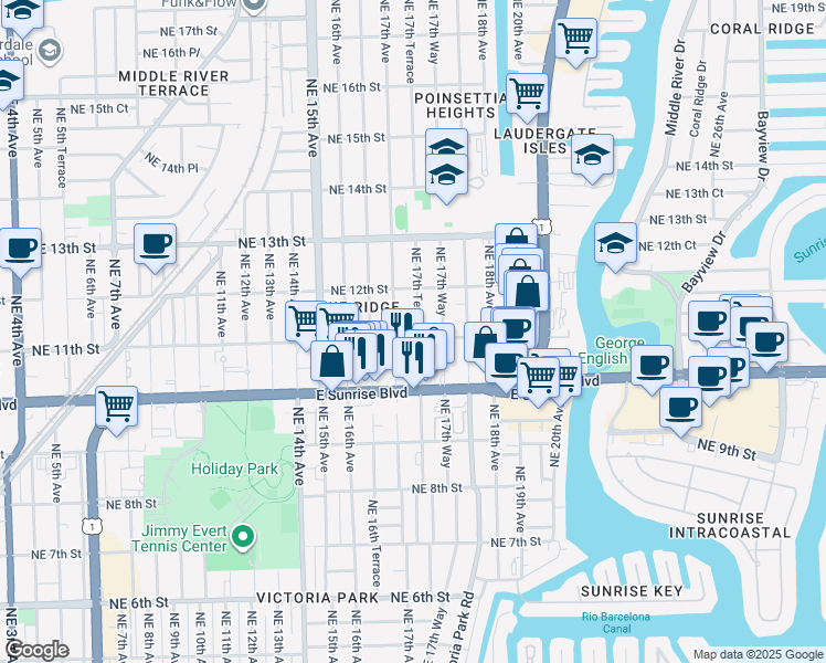 map of restaurants, bars, coffee shops, grocery stores, and more near 2101 Northeast 11th Street in Fort Lauderdale