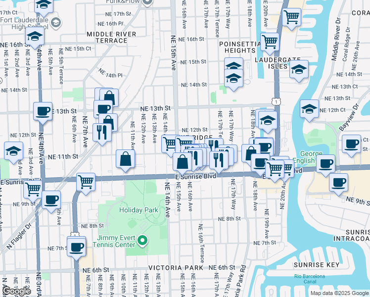 map of restaurants, bars, coffee shops, grocery stores, and more near 1111 Northeast 16th Avenue in Fort Lauderdale
