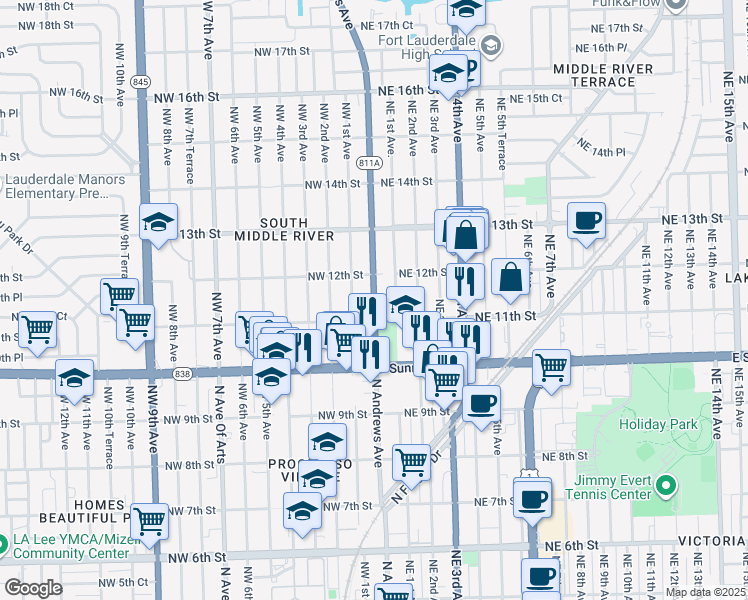 map of restaurants, bars, coffee shops, grocery stores, and more near 1112 Northwest 1st Avenue in Fort Lauderdale
