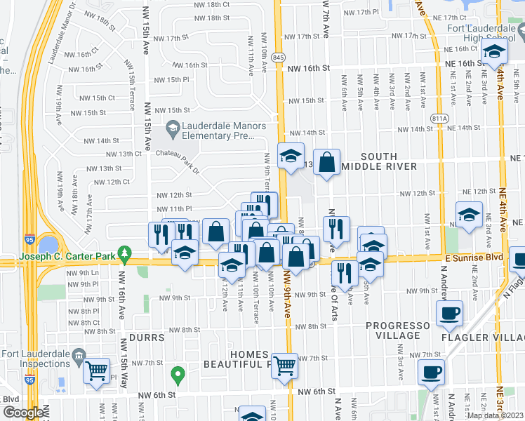 map of restaurants, bars, coffee shops, grocery stores, and more near 931 Chateau Park Drive in Fort Lauderdale