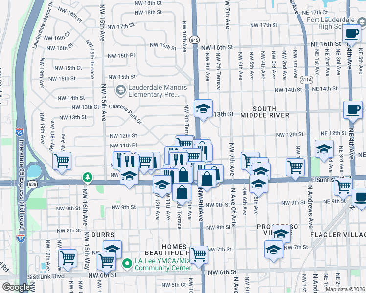 map of restaurants, bars, coffee shops, grocery stores, and more near 931 Chateau Park Drive in Fort Lauderdale
