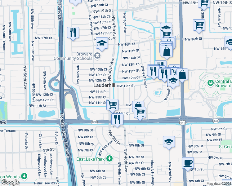map of restaurants, bars, coffee shops, grocery stores, and more near 1130 Northwest 47th Avenue in Lauderhill