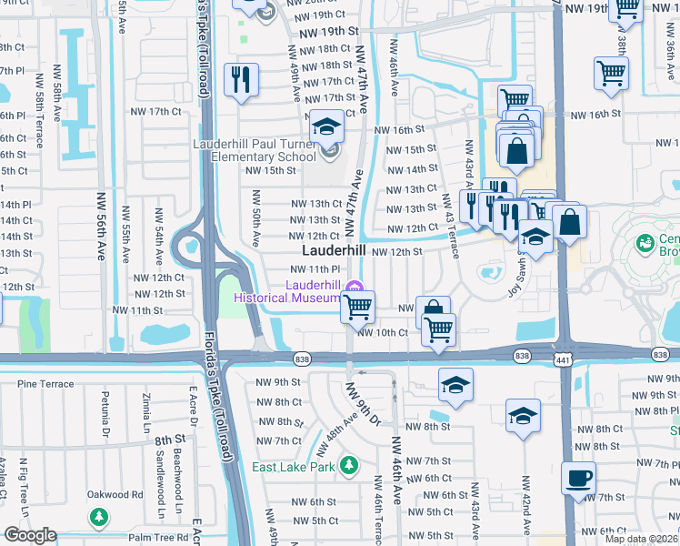map of restaurants, bars, coffee shops, grocery stores, and more near 1130 Northwest 47th Avenue in Lauderhill