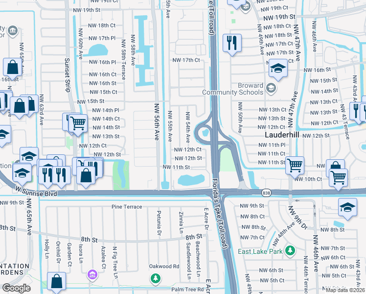 map of restaurants, bars, coffee shops, grocery stores, and more near 5350 Northwest 12th Court in Lauderhill
